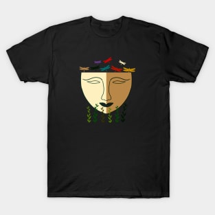 Abstract shape art with plants, dragonflies and face in earth tones T-Shirt